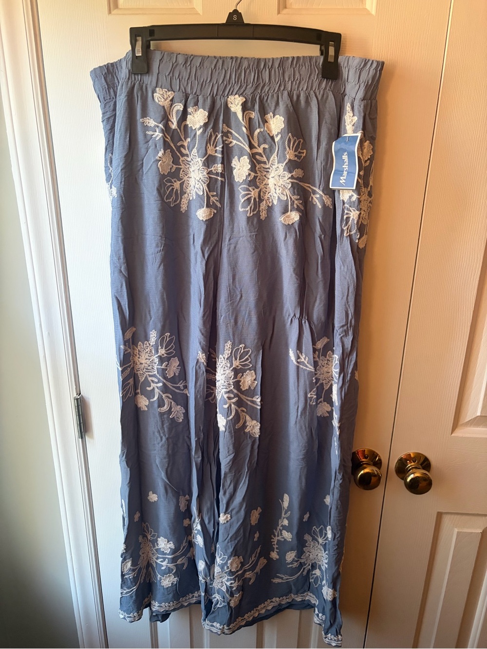 Women's Blue Floral Embroidered Wide Leg Pants